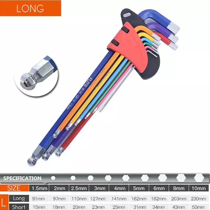 Conjunto de chave allen l kit de chave para parafuso allen 9pcs braço longo conjunto de chaves hex 1.5mm a 10mm hexágono chave ferramentas manuais para reparação de bicicletas