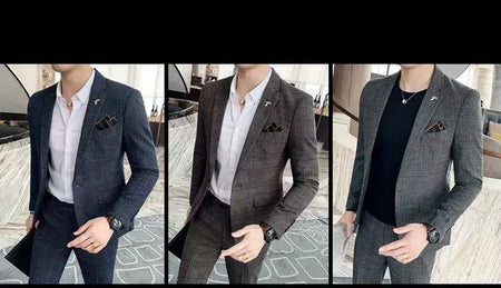 (Blazer + calças) high-end marca formal negócios xadrez terno dos homens noivo vestido de casamento cor sólida palco desempenho smoking S-7XL