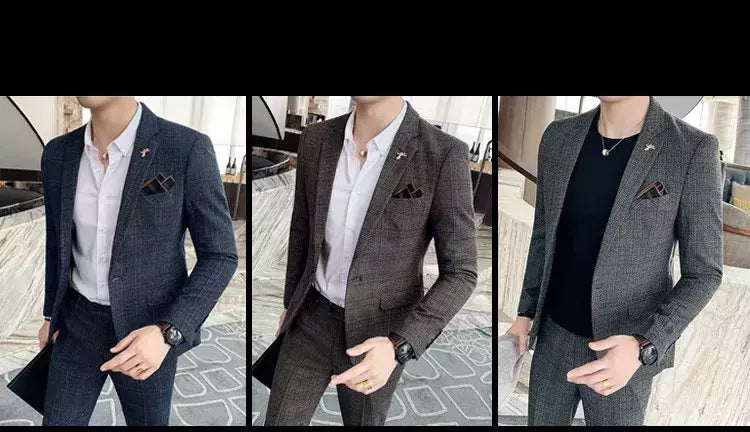 (Blazer + calças) high-end marca formal negócios xadrez terno dos homens noivo vestido de casamento cor sólida palco desempenho smoking S-7XL