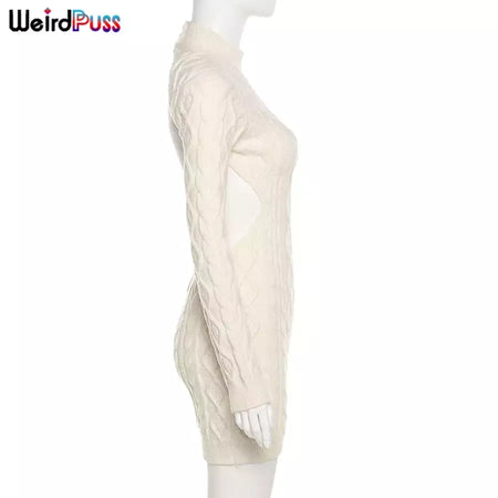 Weird Puss-Mini Vestidos de Gola Alta Elástica Feminina, Tricô Chique, Sem Costas, Manga Comprida, Soft Bodycon, Streetwear, Sexy, Outono