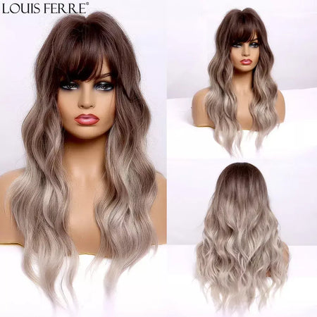 Louis ferre longo ombre loira perucas sintéticas com franja para mulheres onda natural penteado fibra resistente ao calor cosplay perucas marrons