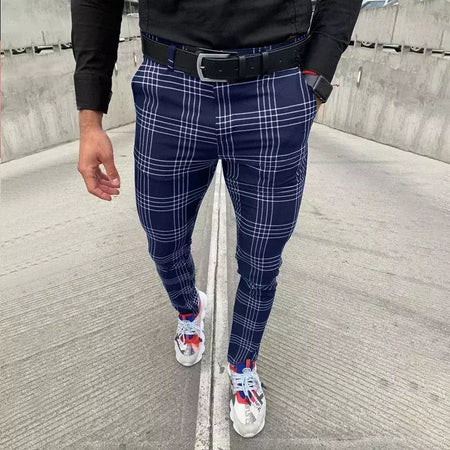 Calça xadrez casual masculina, calça stretch social, cintura média, magro, escritório de negócios, trabalhando, festa, terno masculino, outono, verão