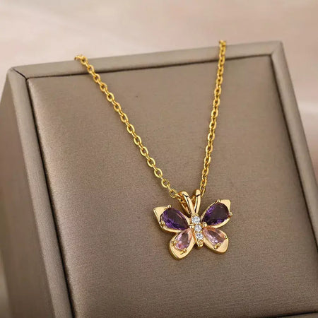Zircão borboleta pingente colar para mulheres cor de ouro colares de aço inoxidável casal jóias estéticas freeshipping itens bff