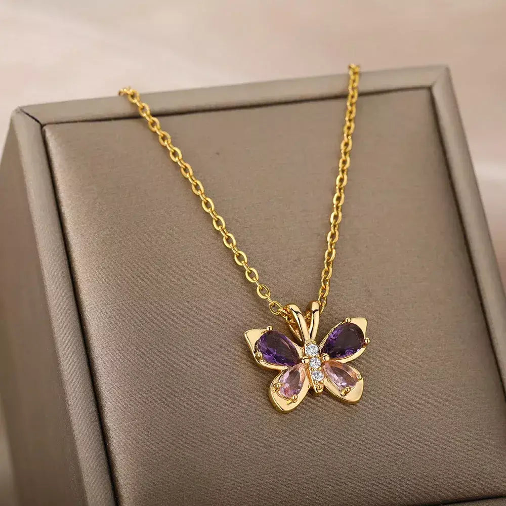 Zircão borboleta pingente colar para mulheres cor de ouro colares de aço inoxidável casal jóias estéticas freeshipping itens bff