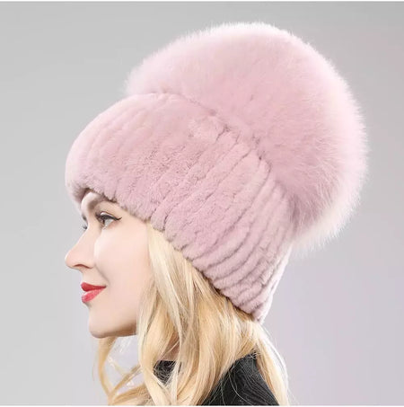 Real Genuine Fox Fur Gorros Chapéu para Mulheres, Pele de Coelho Rex Natural Boné de Caveira, Chapéus de malha para meninas, inverno, estilo russo, novo
