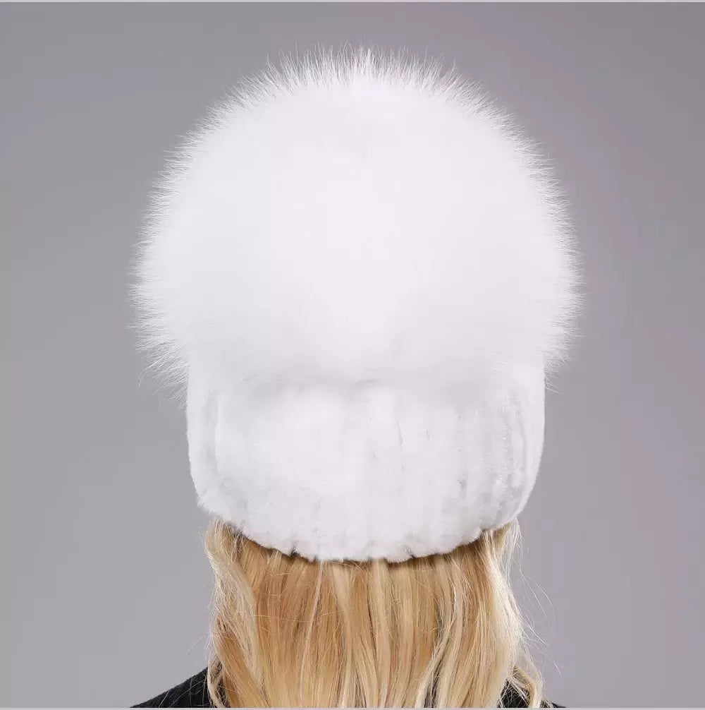 Real Genuine Fox Fur Gorros Chapéu para Mulheres, Pele de Coelho Rex Natural Boné de Caveira, Chapéus de malha para meninas, inverno, estilo russo, novo