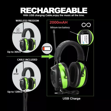 Proteção auditiva fones de ouvido bluetooth protetores de ouvido eletrônicos rádio am/fm 5.0 para corte segurança protetores de ouvido 2000mah bateria de lítio