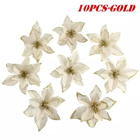 10 pçs grandes lantejoulas flor de natal glitter poinsétia 5.5 polegada flores artificiais enfeites de árvore de natal decorações para casa