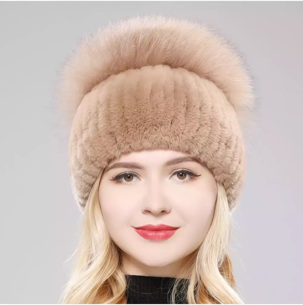 Real Genuine Fox Fur Gorros Chapéu para Mulheres, Pele de Coelho Rex Natural Boné de Caveira, Chapéus de malha para meninas, inverno, estilo russo, novo