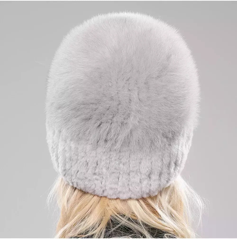 Real Genuine Fox Fur Gorros Chapéu para Mulheres, Pele de Coelho Rex Natural Boné de Caveira, Chapéus de malha para meninas, inverno, estilo russo, novo