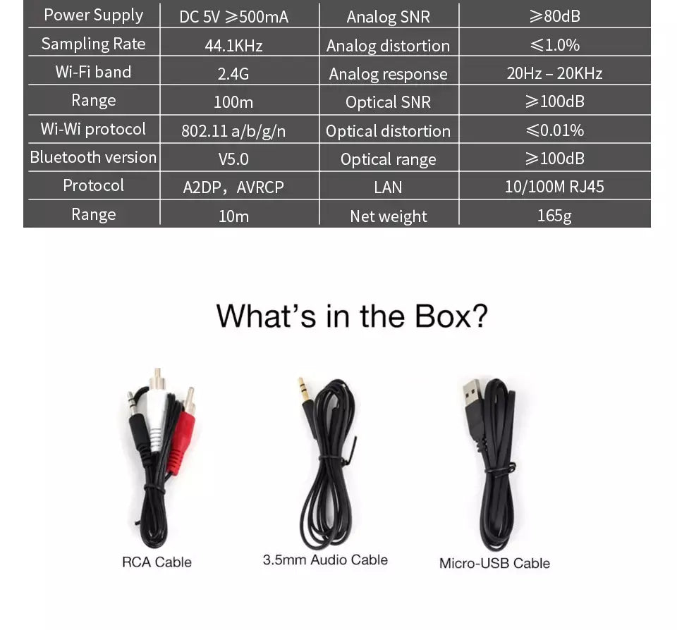 Receptor de áudio sem fio, wi-fi, para airplay, spotify, dlna, nas, stream de som, bluetooth 5.0, adaptador óptico de caixa de música, wr320