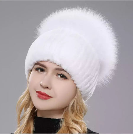 Real Genuine Fox Fur Gorros Chapéu para Mulheres, Pele de Coelho Rex Natural Boné de Caveira, Chapéus de malha para meninas, inverno, estilo russo, novo