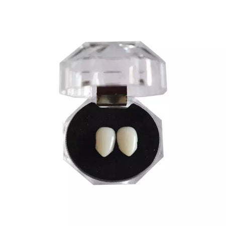 1 par de dentes de vampiro, presas, adereços para dentaduras, fantasia de halloween, dentes falsos, cola sólida, adesivo para dentadura, decoração de festa de halloween