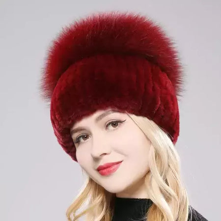 Real Genuine Fox Fur Gorros Chapéu para Mulheres, Pele de Coelho Rex Natural Boné de Caveira, Chapéus de malha para meninas, inverno, estilo russo, novo