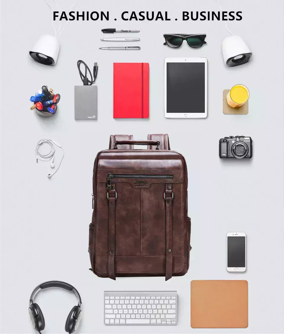 JEEP BULUO-Bolsa Masculina Casual para Laptop, Mochila de Couro Dividido, Bolsa para Computador, Alta Capacidade, Nova Tendência