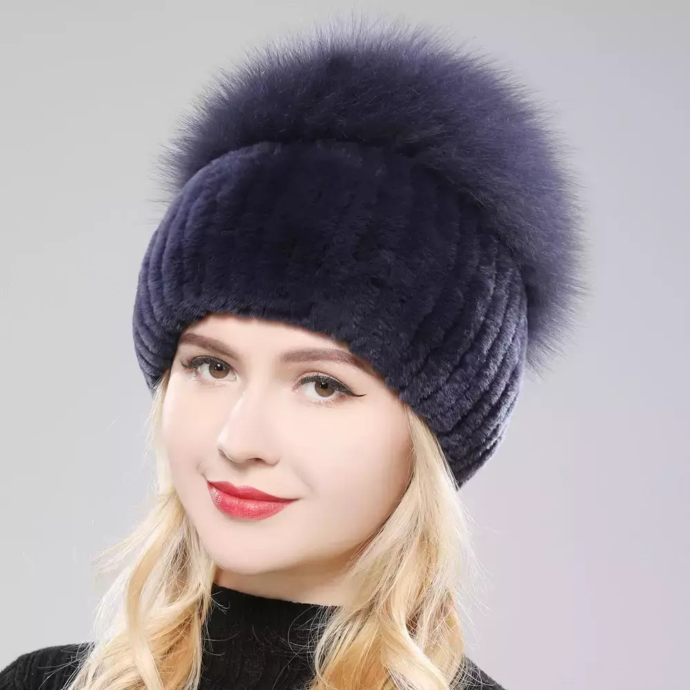 Real Genuine Fox Fur Gorros Chapéu para Mulheres, Pele de Coelho Rex Natural Boné de Caveira, Chapéus de malha para meninas, inverno, estilo russo, novo