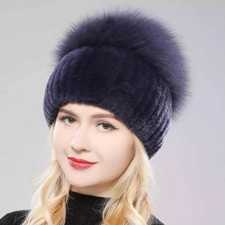 Real Genuine Fox Fur Gorros Chapéu para Mulheres, Pele de Coelho Rex Natural Boné de Caveira, Chapéus de malha para meninas, inverno, estilo russo, novo