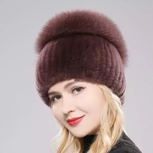 Real Genuine Fox Fur Gorros Chapéu para Mulheres, Pele de Coelho Rex Natural Boné de Caveira, Chapéus de malha para meninas, inverno, estilo russo, novo