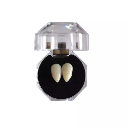 1 par de dentes de vampiro, presas, adereços para dentaduras, fantasia de halloween, dentes falsos, cola sólida, adesivo para dentadura, decoração de festa de halloween
