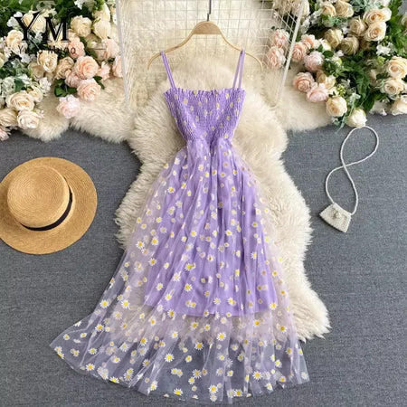 Yuoomuoo moda coreana margarida flor impressão malha vestido de festa verão duas camadas cinta espaguete férias midi vestido praia vestidos