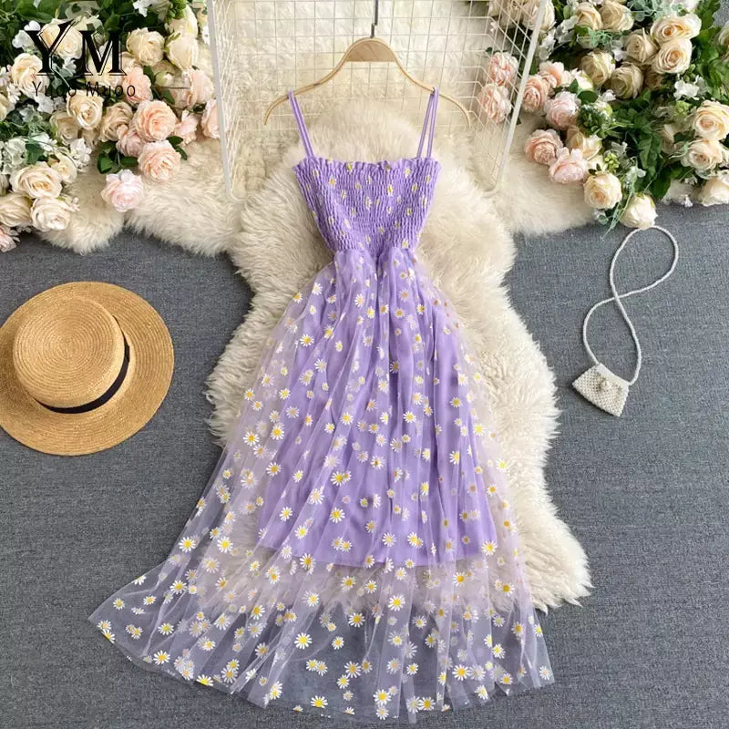 Yuoomuoo moda coreana margarida flor impressão malha vestido de festa verão duas camadas cinta espaguete férias midi vestido praia vestidos
