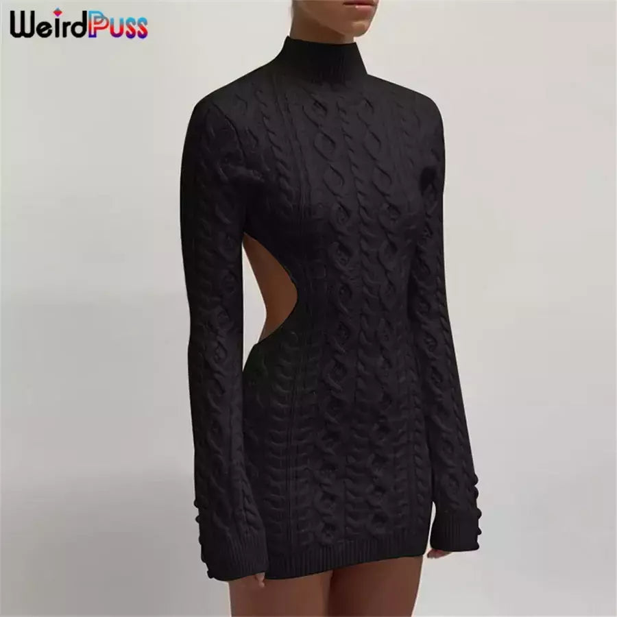 Weird Puss-Mini Vestidos de Gola Alta Elástica Feminina, Tricô Chique, Sem Costas, Manga Comprida, Soft Bodycon, Streetwear, Sexy, Outono