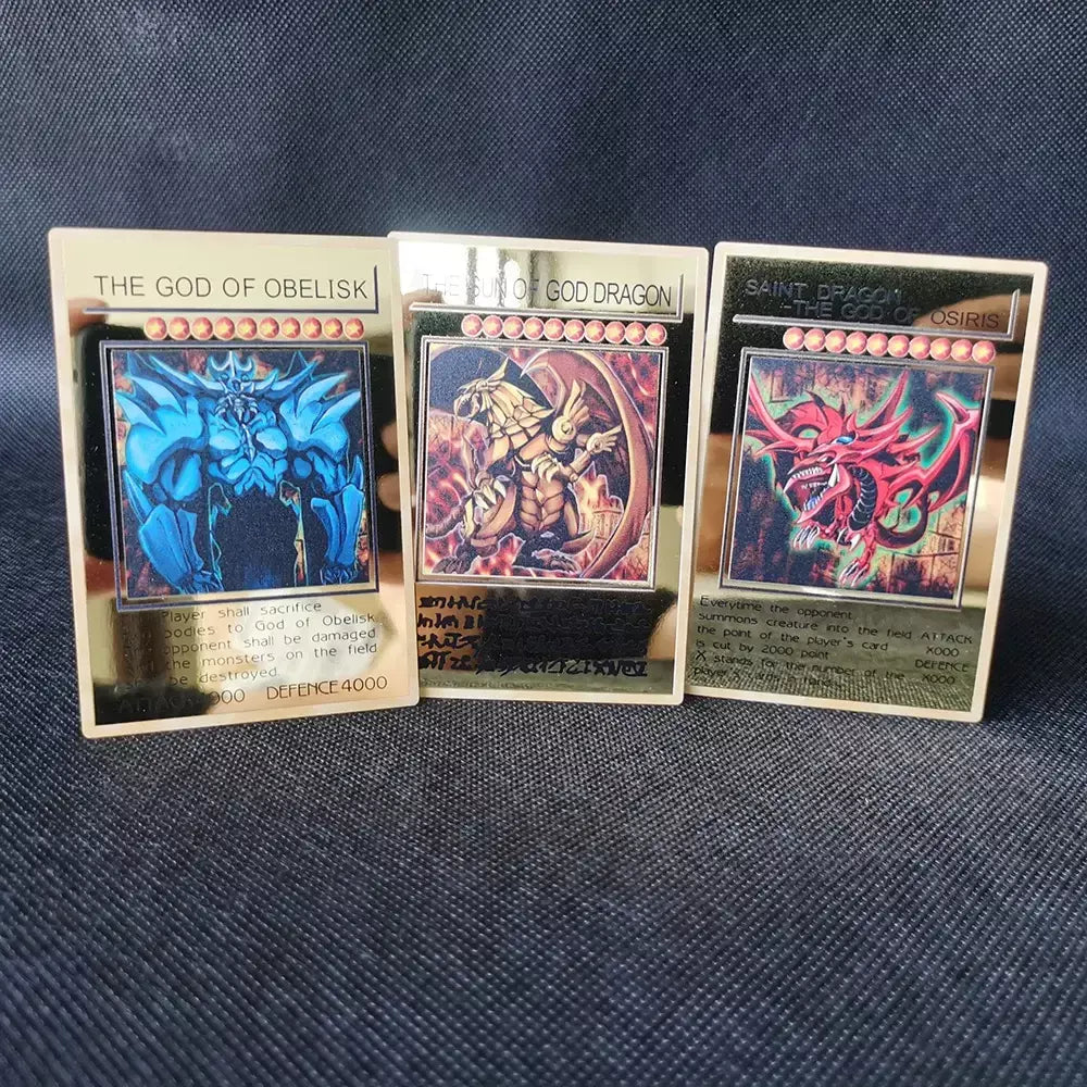 Yugioh cartões de metal dourado yu-gi-oh liga coleção cartão olhos azuis escuro magial obelisco slifer ra crianças presente de aniversário de natal