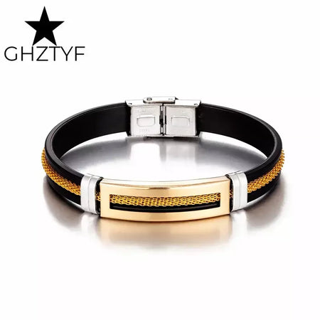 puseira masculina de ouro Pulseiras de aço inoxidável manguito para homens mulher pulseira de borracha preta com corrente 17 19 21cm cinto ajustável homem mão jóias presentes masculino frete grátis