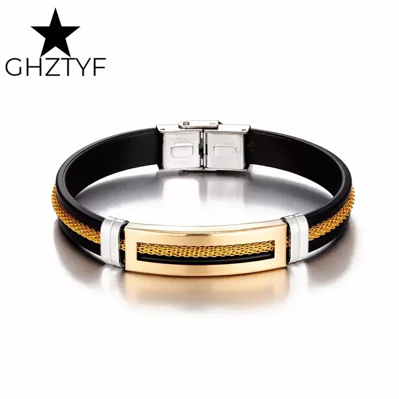 puseira masculina de ouro Pulseiras de aço inoxidável manguito para homens mulher pulseira de borracha preta com corrente 17 19 21cm cinto ajustável homem mão jóias presentes masculino frete grátis