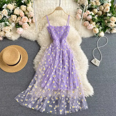 Yuoomuoo moda coreana margarida flor impressão malha vestido de festa verão duas camadas cinta espaguete férias midi vestido praia vestidos