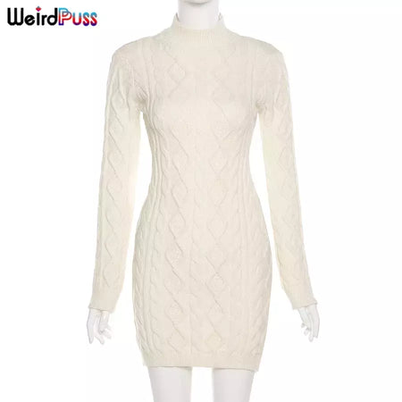 Weird Puss-Mini Vestidos de Gola Alta Elástica Feminina, Tricô Chique, Sem Costas, Manga Comprida, Soft Bodycon, Streetwear, Sexy, Outono
