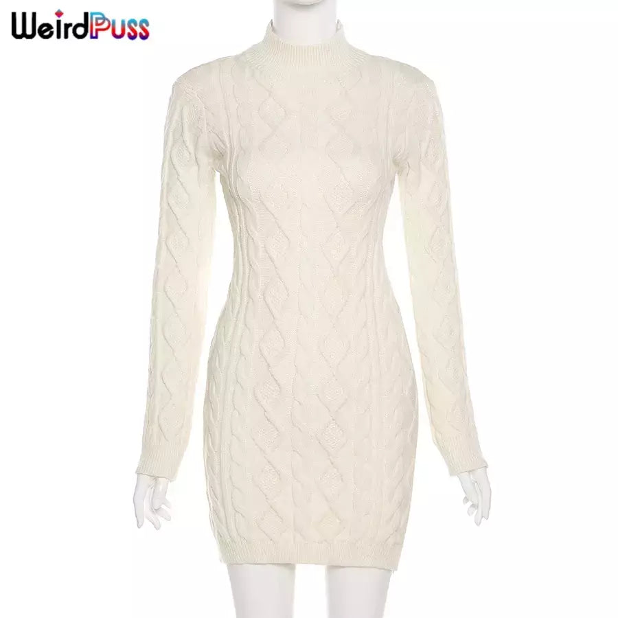 Weird Puss-Mini Vestidos de Gola Alta Elástica Feminina, Tricô Chique, Sem Costas, Manga Comprida, Soft Bodycon, Streetwear, Sexy, Outono