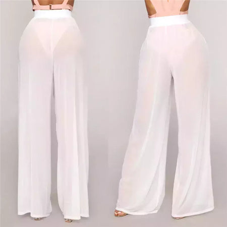 Mulheres Ver Através Boho Perna Larga Calças de Cintura Alta, Praia Longa Solta Malha Calças Pura, Bikini Bottom Cover-Up Beachwear