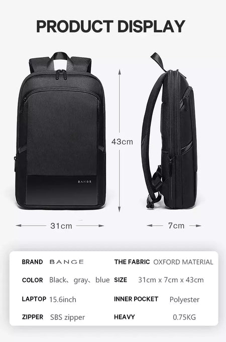 BANGE-Mochila Laptop impermeável para homens, bolsas de ombro leves escaláveis para homens, negócios e viagens, moda clássica, viagens e motociclista, 15,6";;VERDADEIRO;;"Blue,43 x 31 x 7 cm