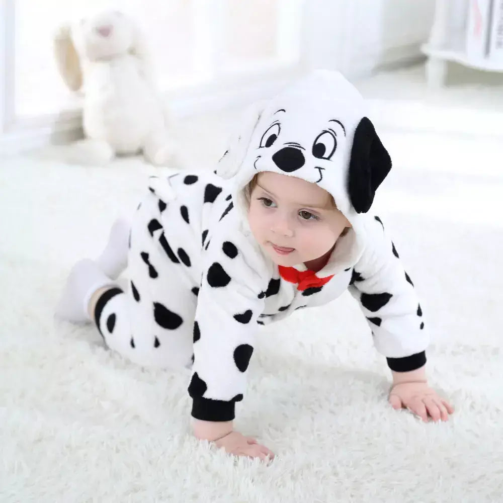 Umorden bebê dálmatas manchado cão traje kigurumi dos desenhos animados animal macacão infantil da criança macacão flanela halloween fantasia vestido