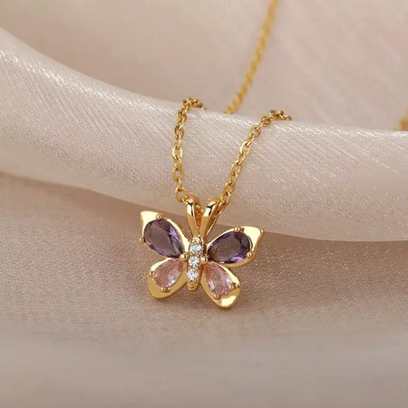 Zircão borboleta pingente colar para mulheres cor de ouro colares de aço inoxidável casal jóias estéticas freeshipping itens bff