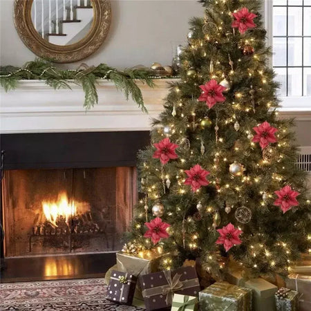 10 pçs grandes lantejoulas flor de natal glitter poinsétia 5.5 polegada flores artificiais enfeites de árvore de natal decorações para casa