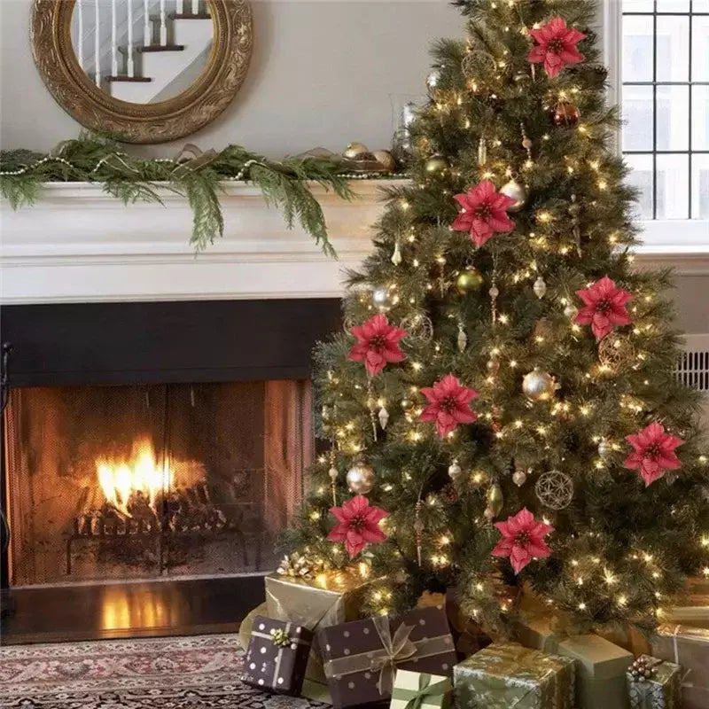 10 pçs grandes lantejoulas flor de natal glitter poinsétia 5.5 polegada flores artificiais enfeites de árvore de natal decorações para casa