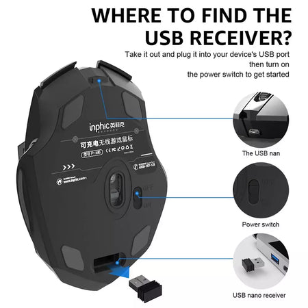 INPHIC-PM6 Mouse Recarregável Sem Fio, Compatível com Bluetooth, Office Mute, Suporte PC, Laptop, Tablet, Smartphone, Universal, 2.4G
