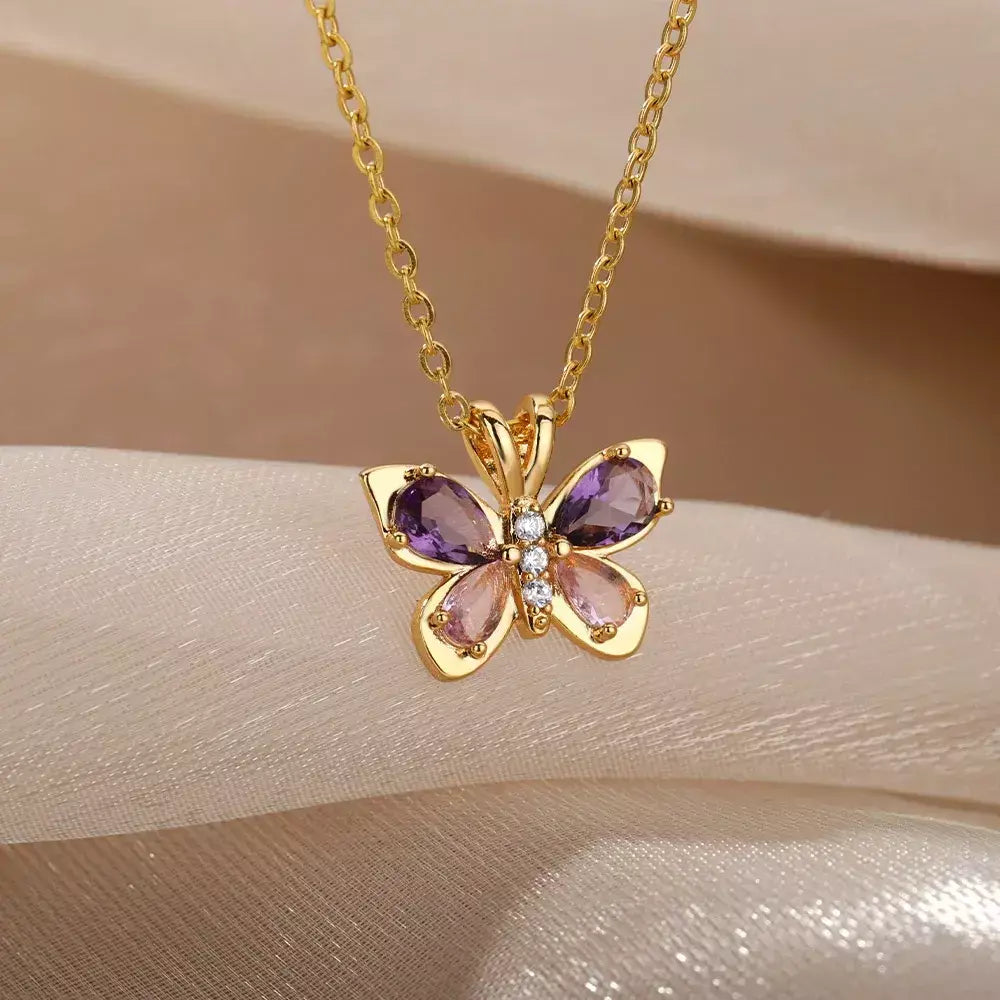 Zircão borboleta pingente colar para mulheres cor de ouro colares de aço inoxidável casal jóias estéticas freeshipping itens bff