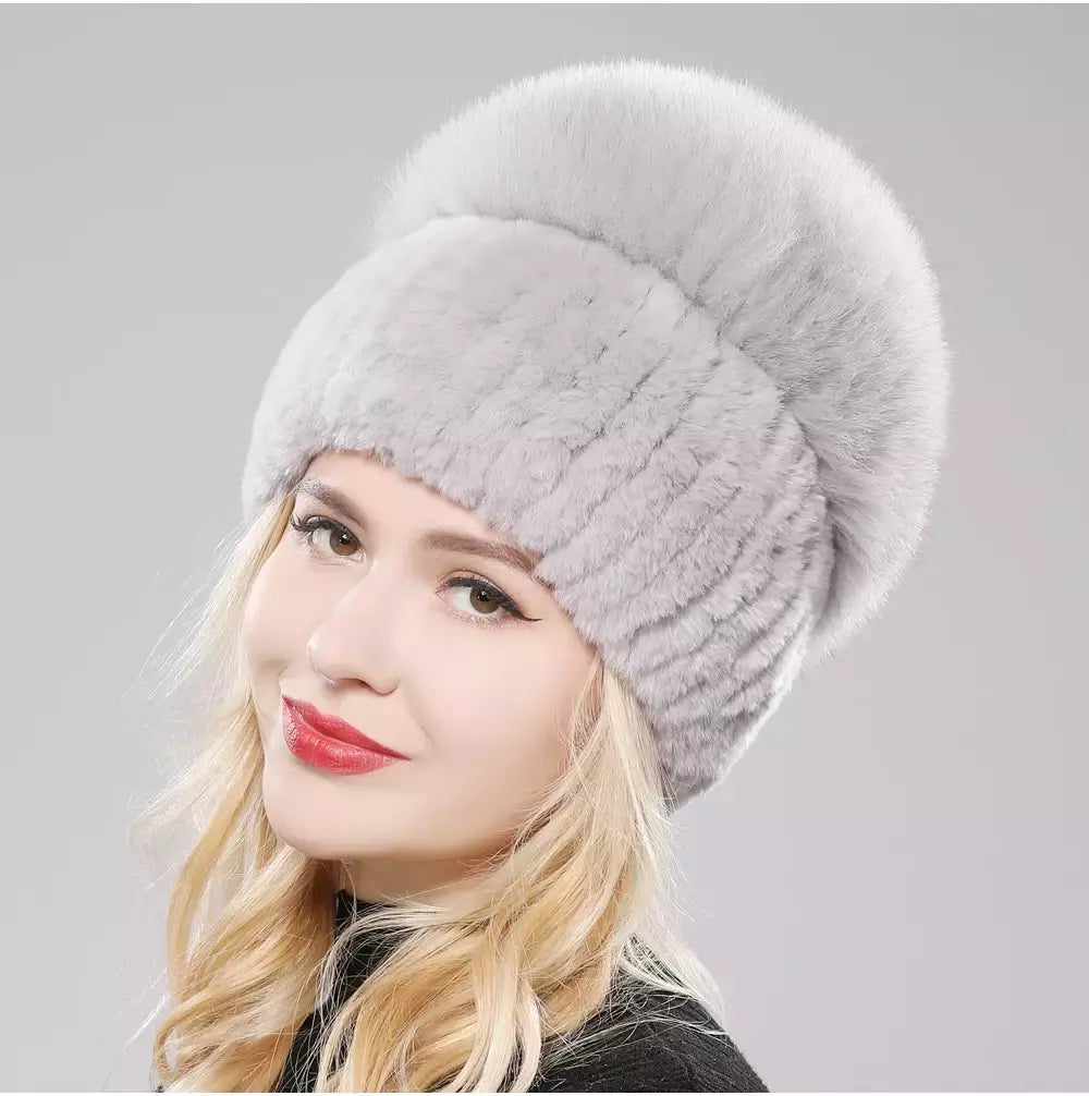 Real Genuine Fox Fur Gorros Chapéu para Mulheres, Pele de Coelho Rex Natural Boné de Caveira, Chapéus de malha para meninas, inverno, estilo russo, novo