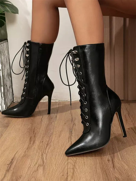 Outono inverno mulheres botas de tornozelo sexy apontou toe pólo dança salto alto bombas moda zip rendas chelsea sapatos femininos tamanho 35-43