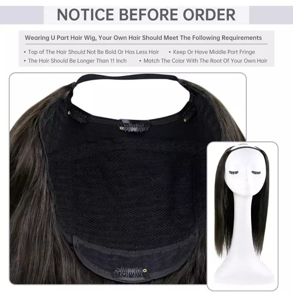 Brilho completo u parte peruca de cabelo humano máquina de cor sólida remy cabelo humano meia peruca clipe em uma peça invisível u forma perucas em linha reta