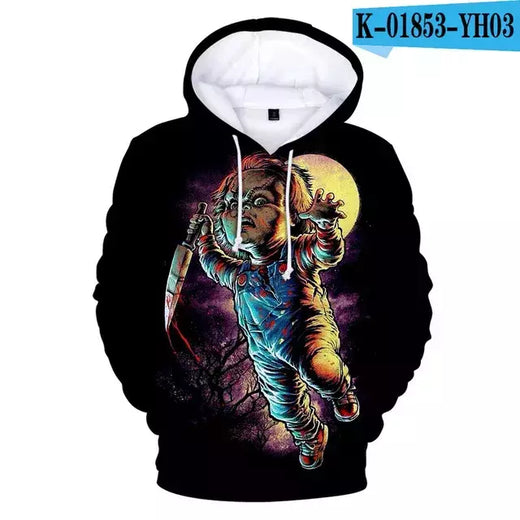 Chucky-Homens 3D Full-Print Hoodies Filme de Terror, moletom Hoodie, Traje Cosplay, Streetwear, Unisex, Nova Moda, 2024