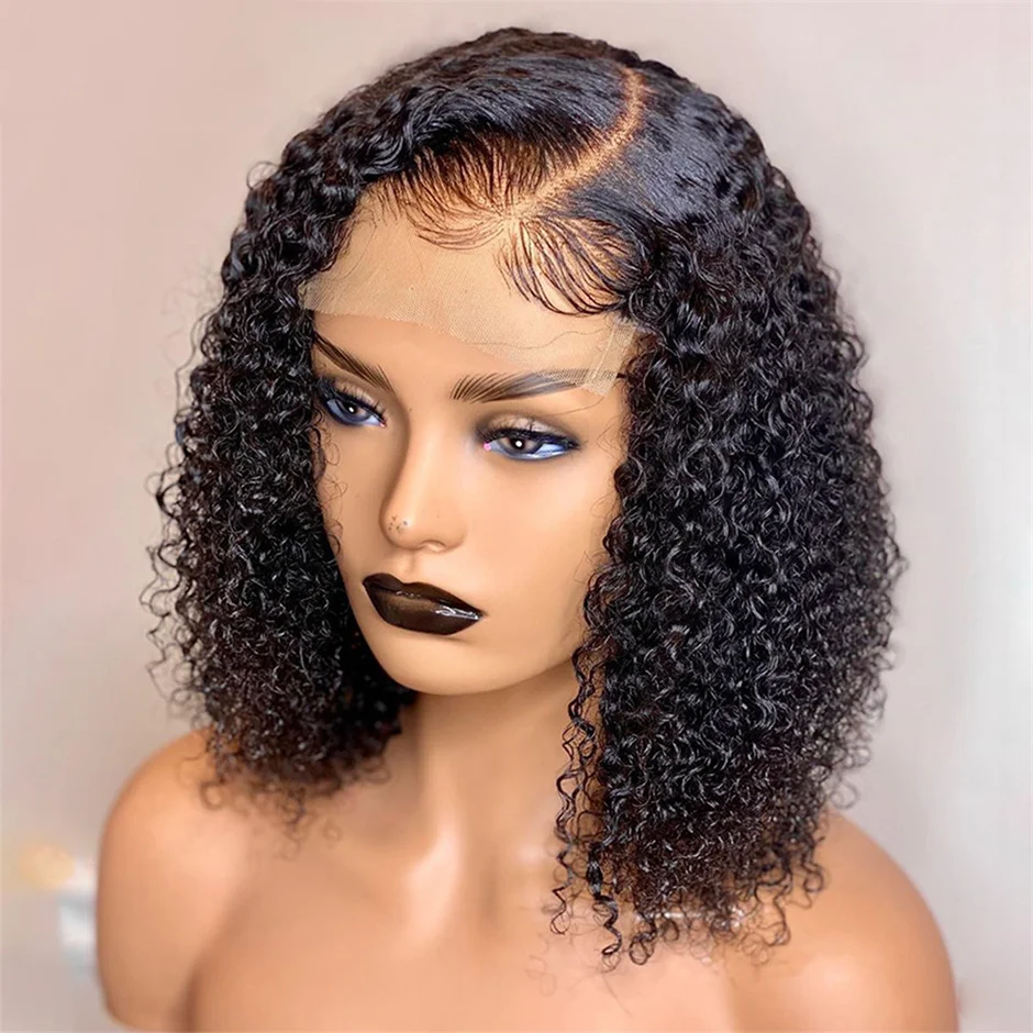 Perucas de cabelo humano Bob curto, Kinky Curly Bob Peruca, Perucas Dianteiras Brasileiras, 13x4 HD Transparente Lace Frontal Encerramento