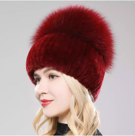 Real Genuine Fox Fur Gorros Chapéu para Mulheres, Pele de Coelho Rex Natural Boné de Caveira, Chapéus de malha para meninas, inverno, estilo russo, novo