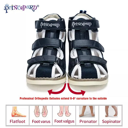 Princepard primavera verão crianças sandálias ortopédicas novo dedo do pé fechado couro arco apoio correção sapatos da criança meninas meninos