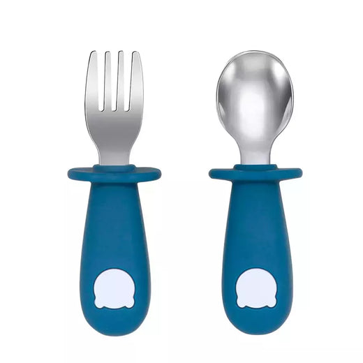 Bebê alimentação sólida colher e garfo conjunto, sem BPA, alça de silicone, urso dos desenhos animados, utensílio inoxidável, talheres infantis, novo design