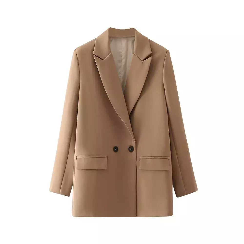 TRAF-Blazer de trespassado feminino, gola entalhada, manga comprida, chique, senhora do escritório, casaco vintage, casacos femininos, tops elegantes, moda