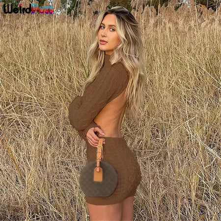 Weird Puss-Mini Vestidos de Gola Alta Elástica Feminina, Tricô Chique, Sem Costas, Manga Comprida, Soft Bodycon, Streetwear, Sexy, Outono